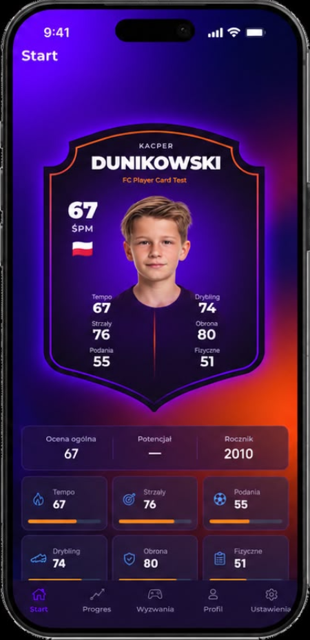PlayerCard — ekran aplikacji pokazujący kartę zawodnika, ocenę ogólną, potencjał i szczegółowe statystyki